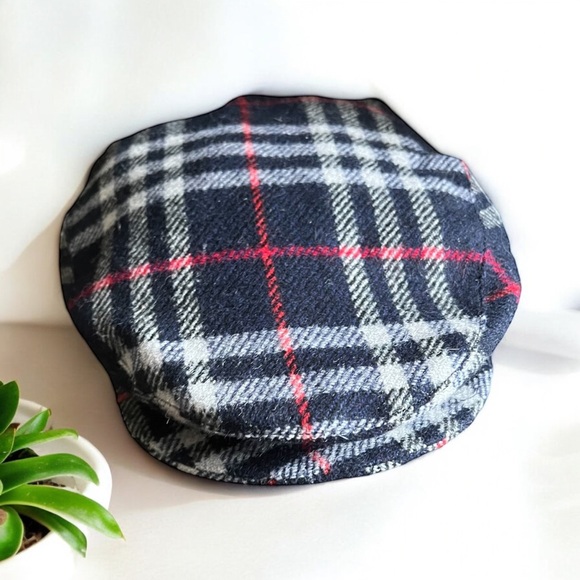 BURBERRYS Cap VINTAGE Blue Gray Black White Red Wool Tartan Newsboy Hat Size XL - Picture 10 of 10